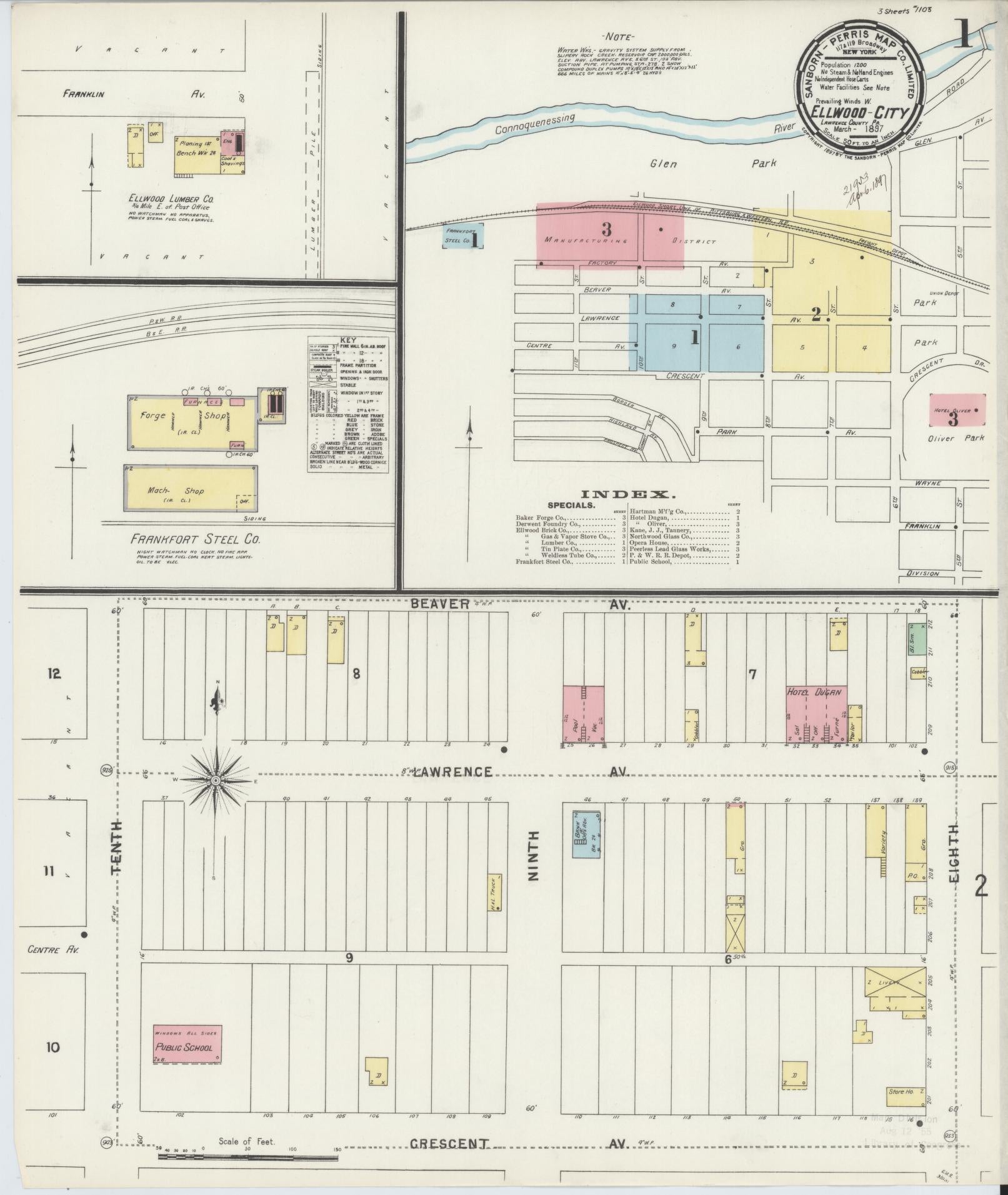 Sanborn Fire Insurance Map from Ellwood City, Lawrence County, Pennsylvania (1897), Sheet #0001 - Historic Sanborn Fire Insurance Map Print, vintage old map wall art, antique decor, genealogy gift, Pennsylvania Pennsylvania map