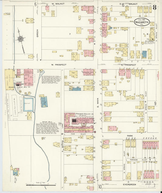 Sanborn Fire Insurance Map from Nazareth, Northampton County, Pennsylvania (1912), Sheet #0008 - Historic Sanborn Fire Insurance Map Print, vintage old map wall art, antique decor, genealogy gift, Pennsylvania Pennsylvania map