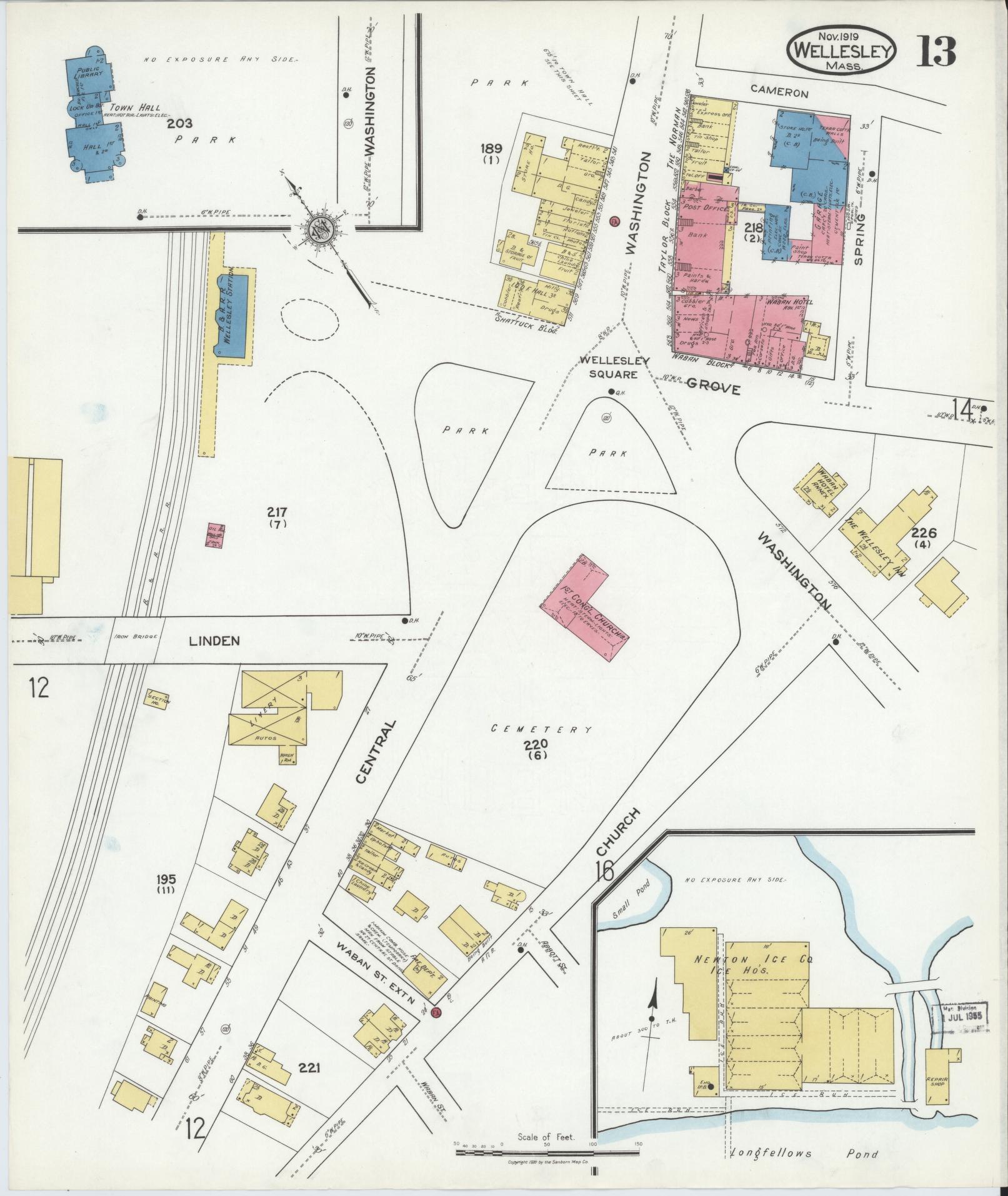 Sanborn Fire Insurance Map from Wellesley, Norfolk County, Massachusetts (1919), Sheet #0013 - Historic Sanborn Fire Insurance Map Print, vintage old map wall art, antique decor, genealogy gift, Massachusetts Massachusetts map