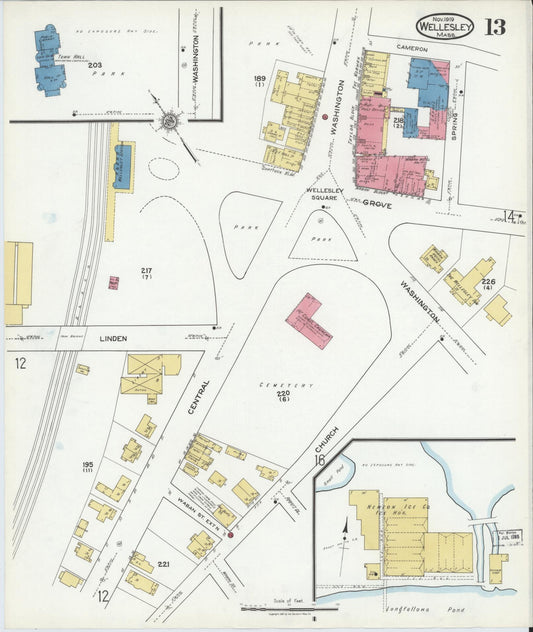 Sanborn Fire Insurance Map from Wellesley, Norfolk County, Massachusetts (1919), Sheet #0013 - Historic Sanborn Fire Insurance Map Print, vintage old map wall art, antique decor, genealogy gift, Massachusetts Massachusetts map