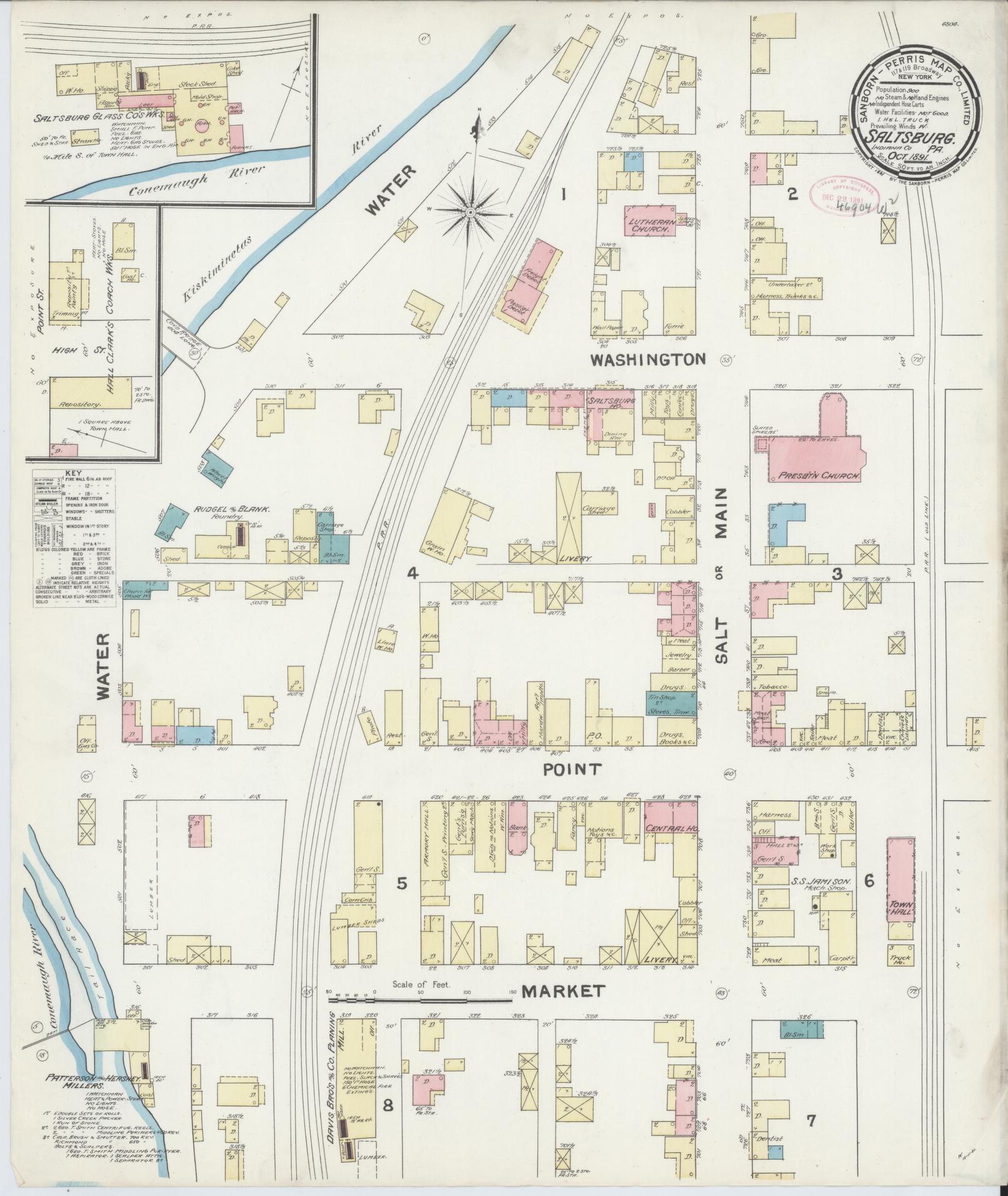 Sanborn Fire Insurance Map from Saltsburg, Indiana County, Pennsylvania (1891), Sheet #0001 - Historic Sanborn Fire Insurance Map Print, vintage old map wall art, antique decor, genealogy gift, Saltsburg Indiana map