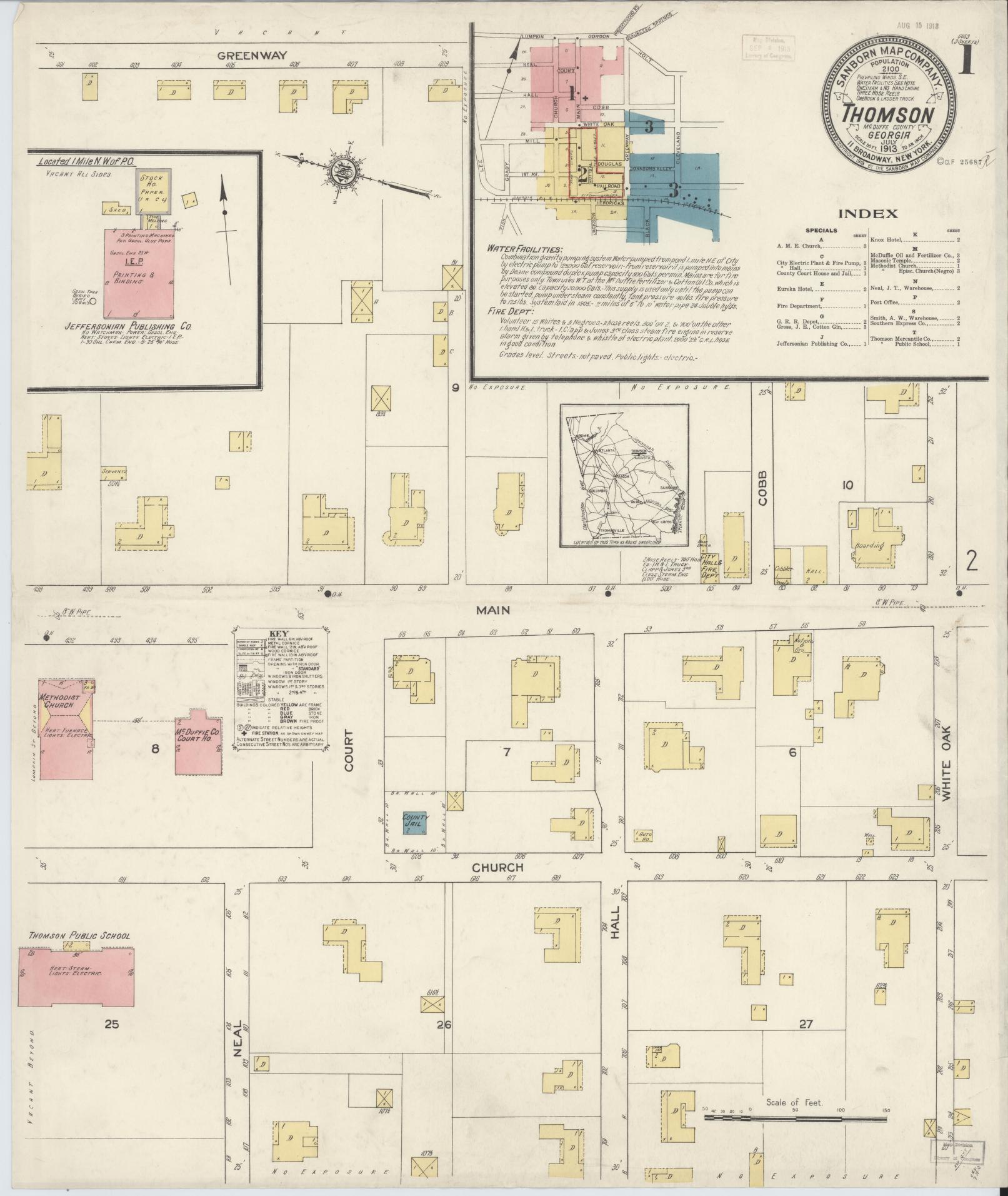 Sanborn Fire Insurance Map from Thomson, McDuffie County, Georgia (1913), Sheet #0001 - Historic Sanborn Fire Insurance Map Print, vintage old map wall art, antique decor, genealogy gift, Georgia Georgia map