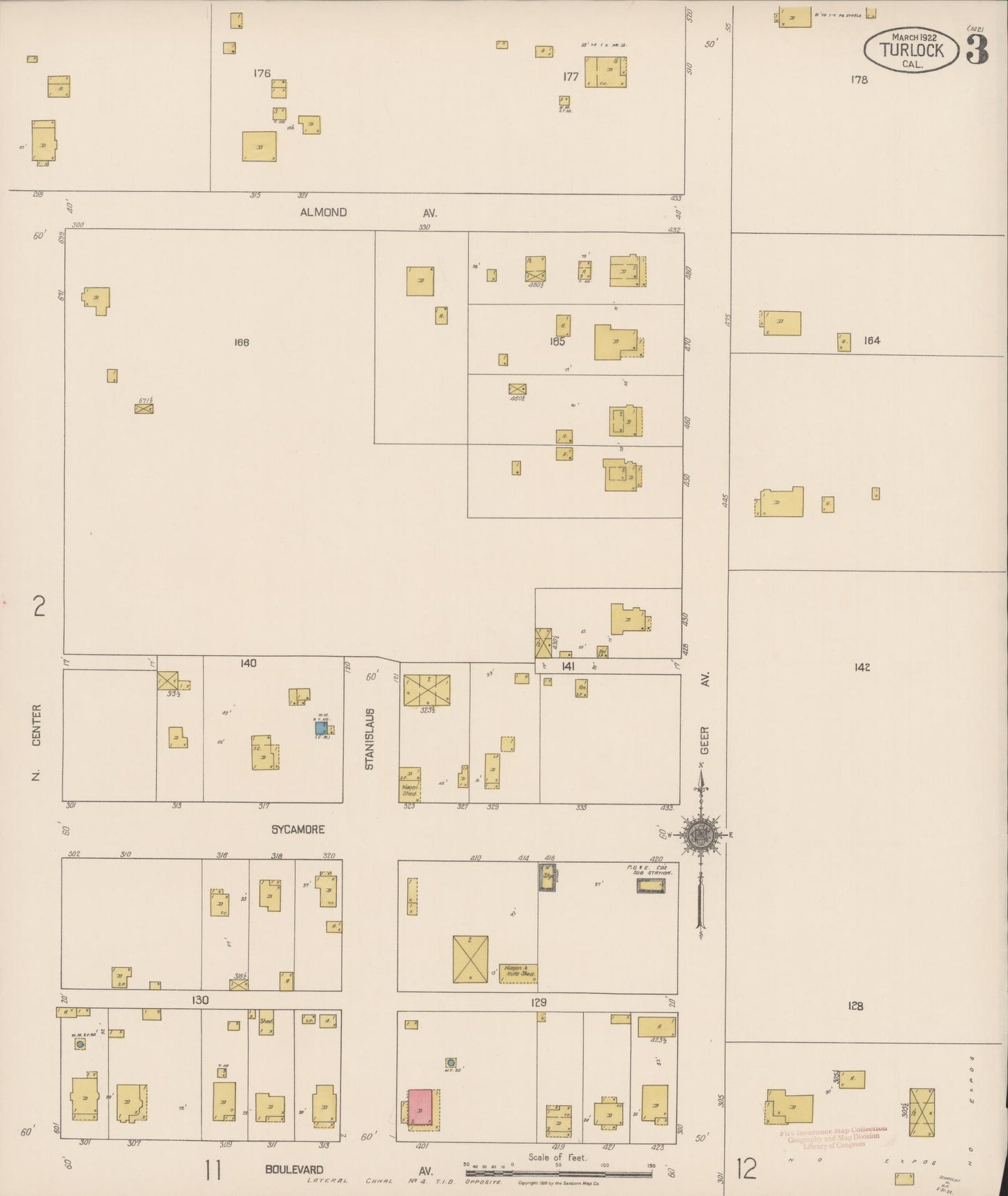 Sanborn Fire Insurance Map from Turlock, Stanislaus County, California (1922), Sheet #0003 - Complete Map Set gallery image, historic Sanborn map, vintage wall art, California California