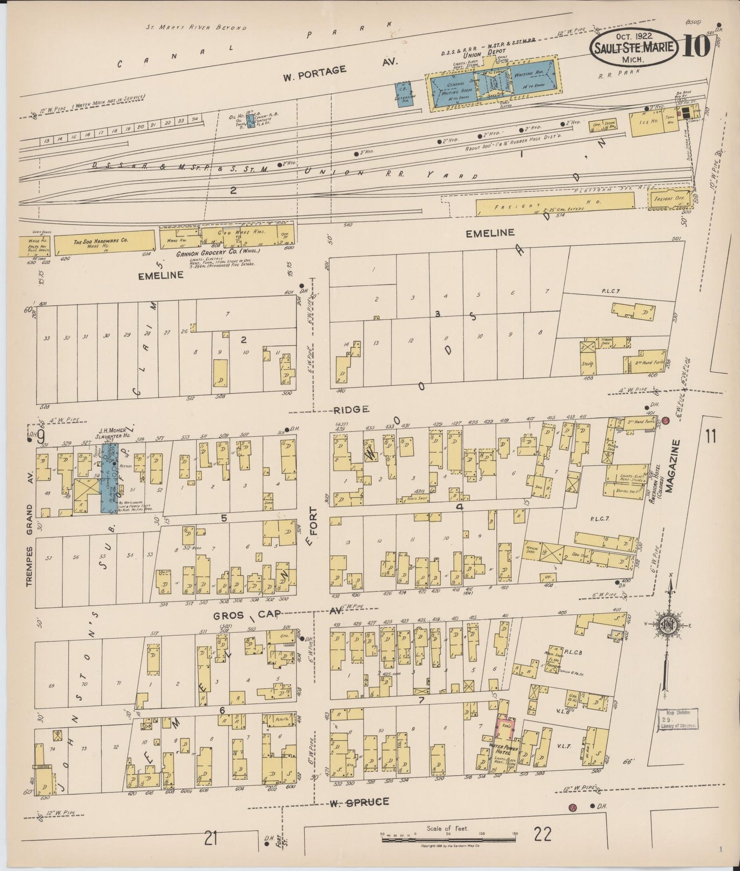 Sanborn Fire Insurance Map from Sault Sainte Marie, Chippewa County, Michigan (1922), Sheet #0010 - Historic Sanborn Fire Insurance Map Print, vintage old map wall art, antique decor, genealogy gift, Michigan Michigan map