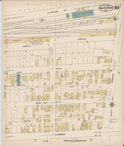 Sanborn Fire Insurance Map from Sault Sainte Marie, Chippewa County, Michigan (1922), Sheet #0010 - Historic Sanborn Fire Insurance Map Print, vintage old map wall art, antique decor, genealogy gift, Michigan Michigan map