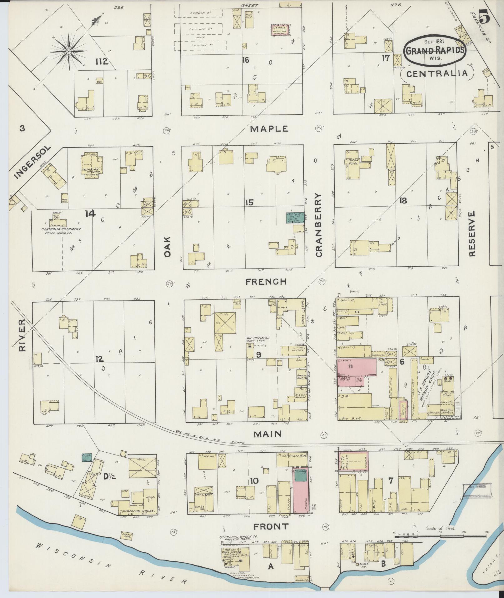 Sanborn Fire Insurance Map from Grand Rapids, Wood County, Wisconsin (1891), Sheet #0005 - Historic Sanborn Fire Insurance Map Print, vintage old map wall art, antique decor, genealogy gift, Wisconsin Wisconsin map