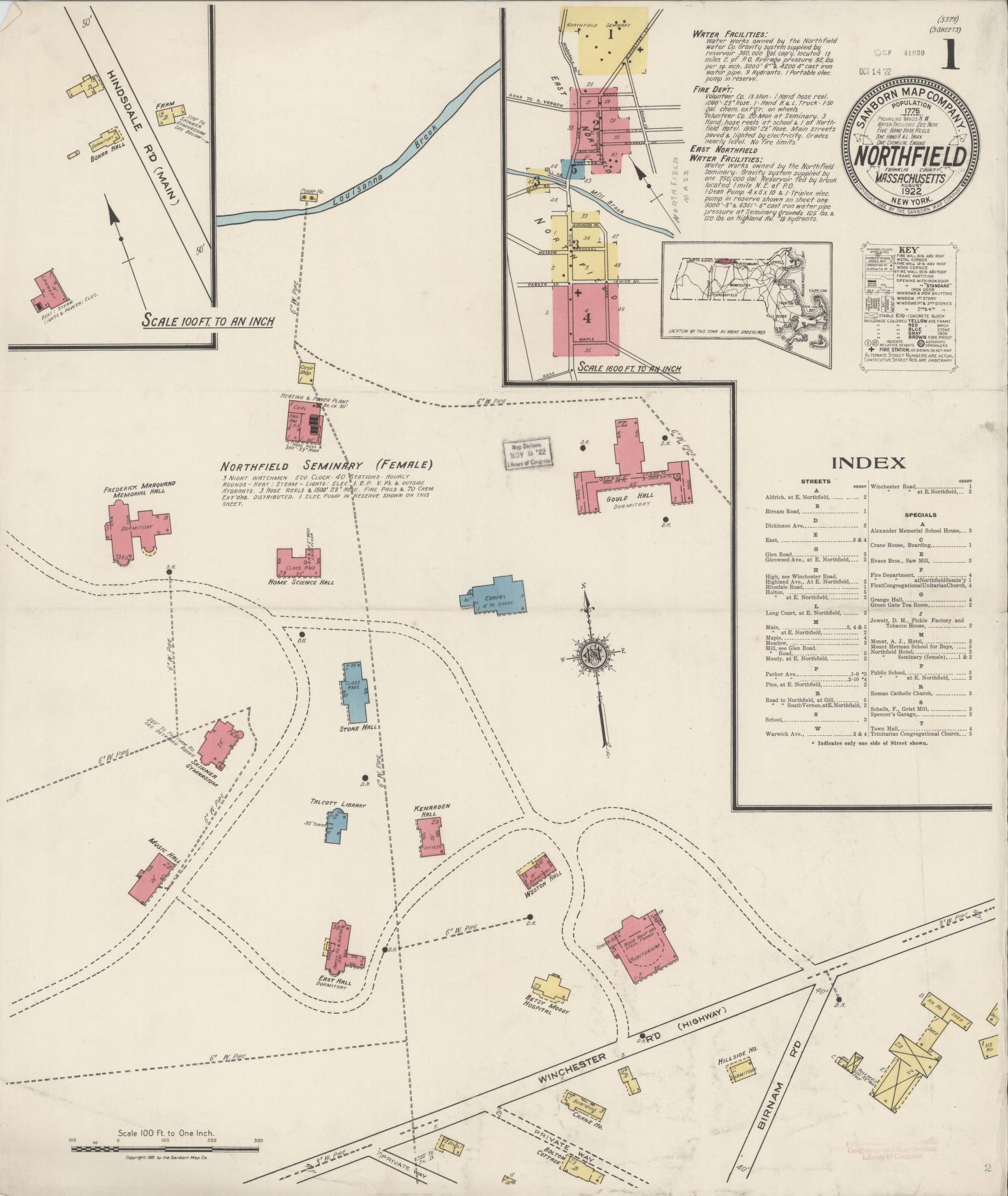 Sanborn Fire Insurance Map from Northfield, Franklin County, Massachusetts (1922), Sheet #0001 - Historic Sanborn Fire Insurance Map Print, vintage old map wall art, antique decor, genealogy gift, Massachusetts Massachusetts map