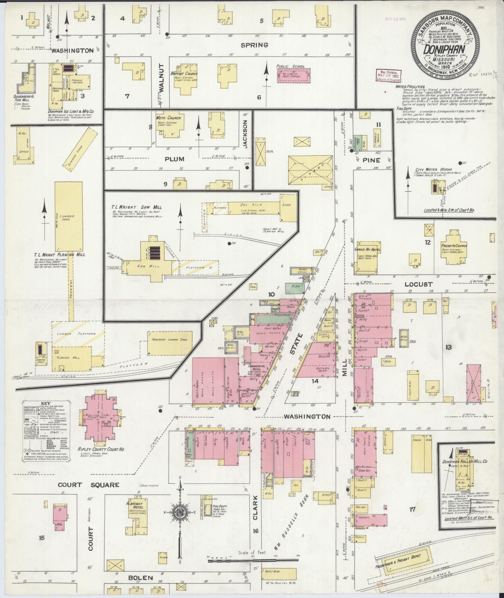 Sanborn Fire Insurance Map from Doniphan, Ripley County, Missouri (1910), Sheet #0001 - Historic Sanborn Fire Insurance Map Print, vintage old map wall art, antique decor, genealogy gift, Missouri Missouri map
