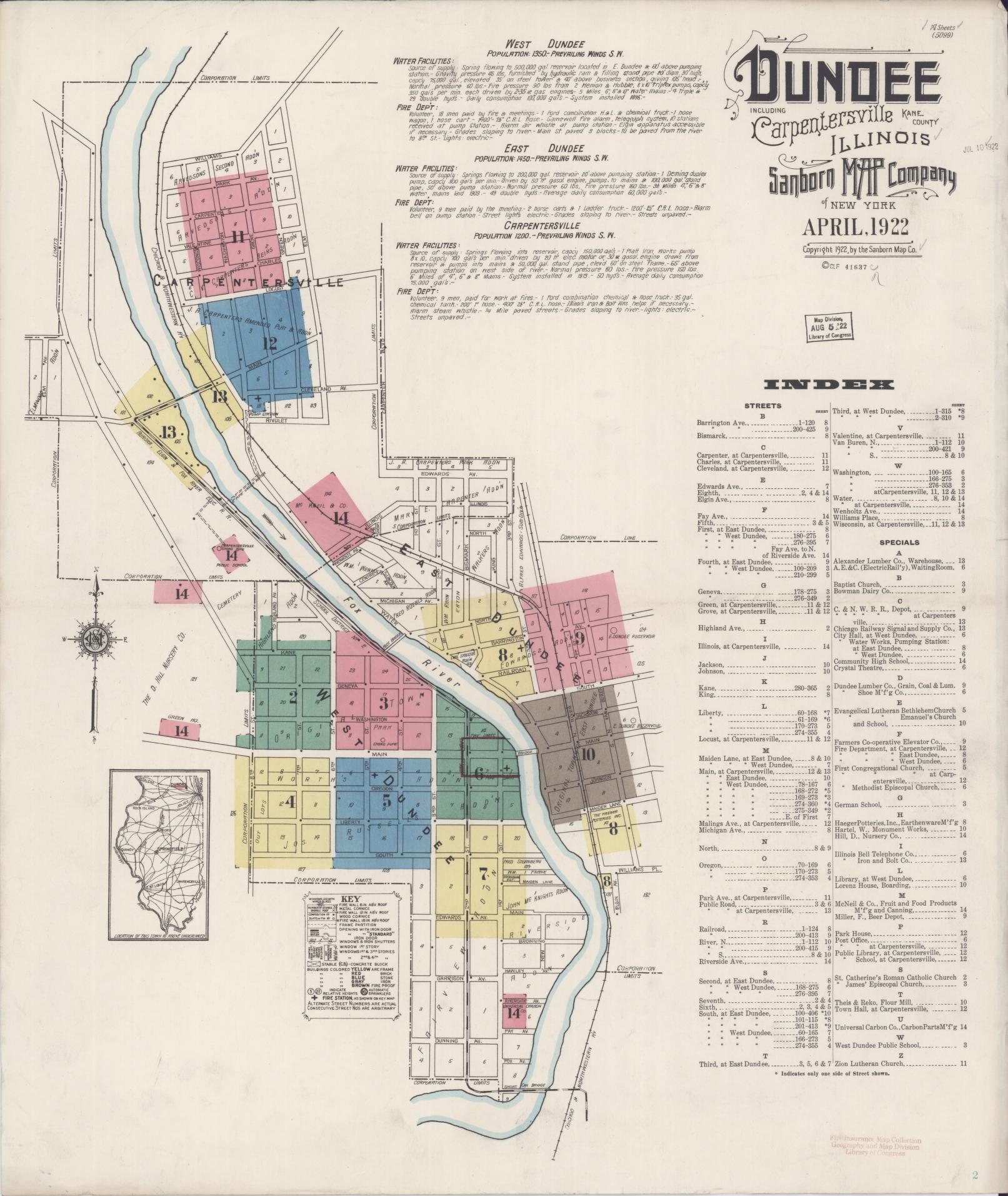 Sanborn Fire Insurance Map from Dundee, Kane County, Illinois (1922), Sheet #0001 - Historic Sanborn Fire Insurance Map Print, vintage old map wall art, antique decor, genealogy gift, Illinois Illinois map