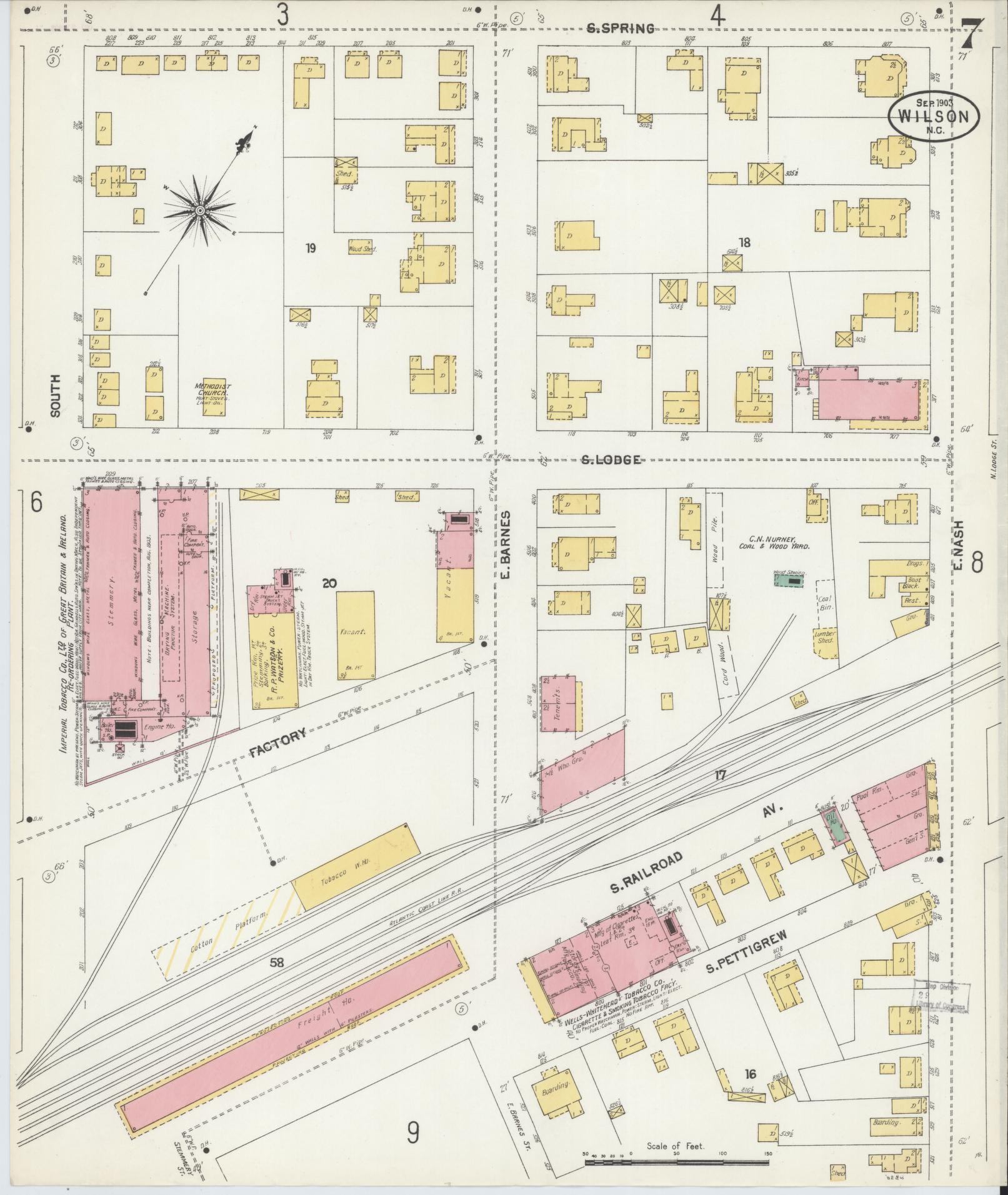 Sanborn Fire Insurance Map from Wilson, Wilson County, North Carolina (1903), Sheet #0007 - Historic Sanborn Fire Insurance Map Print, vintage old map wall art, antique decor, genealogy gift, North Carolina North Carolina map
