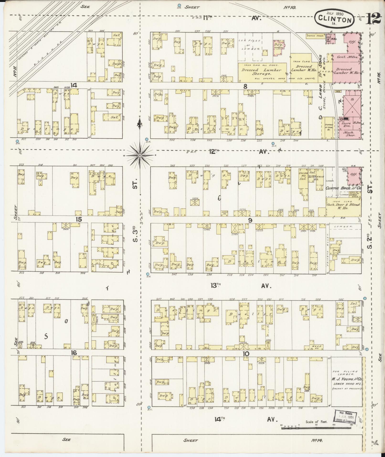 Sanborn Fire Insurance Map from Clinton, Clinton County, Iowa (1890), Sheet #0012 - Historic Sanborn Fire Insurance Map Print, vintage old map wall art