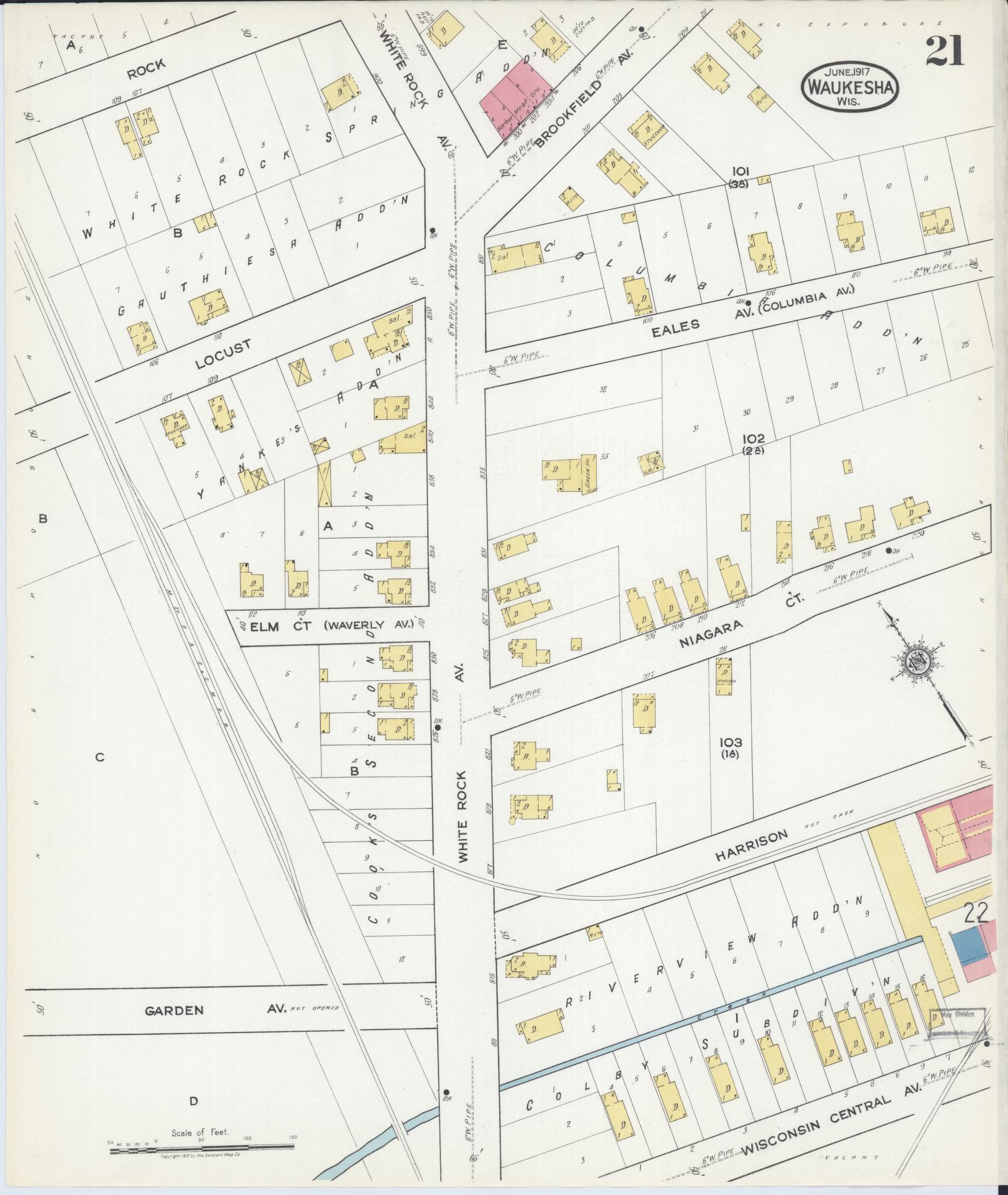 Sanborn Fire Insurance Map from Waukesha, Waukesha County, Wisconsin (1917), Sheet #0021 - Historic Sanborn Fire Insurance Map Print, vintage old map wall art, antique decor, genealogy gift, Wisconsin Wisconsin map