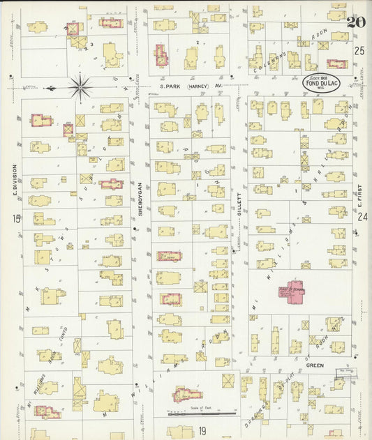 Sanborn Fire Insurance Map from Fond du Lac, Fond du Lac County, Wisconsin (1908), Sheet #0020 - Historic Sanborn Fire Insurance Map Print, vintage old map wall art, antique decor, genealogy gift, Wisconsin Wisconsin map