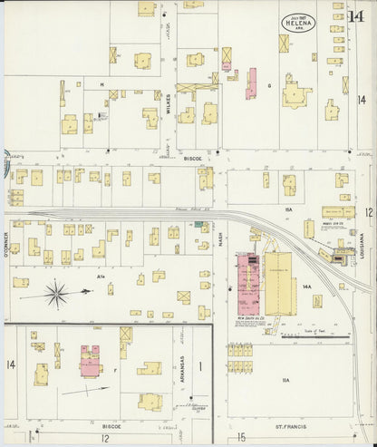 Sanborn Fire Insurance Map from Helena, Phillips County, Arkansas (1907), Sheet #0014 - Complete Map Set gallery image, historic Sanborn map, vintage wall art, Arkansas Arkansas