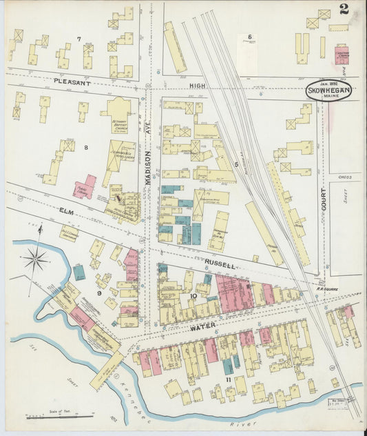 Sanborn Fire Insurance Map from Skowhegan, Somerset County, Maine (1892), Sheet #0002 - Historic Sanborn Fire Insurance Map Print, vintage old map wall art, antique decor, genealogy gift, Maine Maine map
