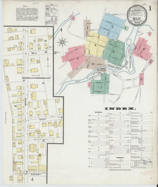 Sanborn Fire Insurance Map from Ware, Hampshire County, Massachusetts (1896), Sheet #0001 - Complete Map Set gallery image, historic Sanborn map, vintage wall art, Massachusetts Massachusetts