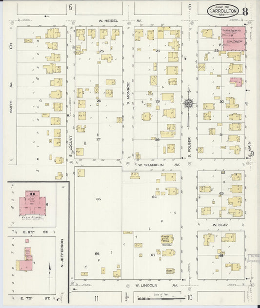 Sanborn Fire Insurance Map from Carrollton, Carroll County, Missouri (1916), Sheet #0008 - Historic Sanborn Fire Insurance Map Print, vintage old map wall art, antique decor, genealogy gift, Missouri Missouri map
