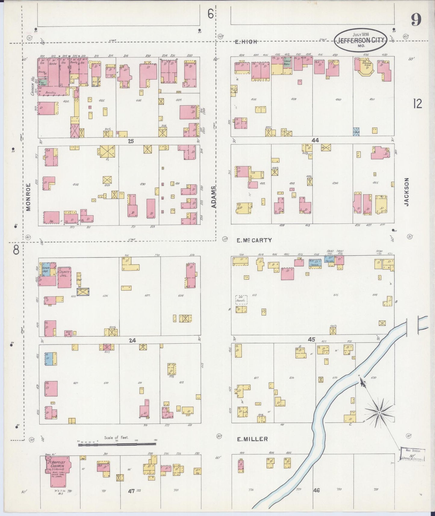 Sanborn Fire Insurance Map from Jefferson City, Cole County, Missouri (1898), Sheet #0009 - Historic Sanborn Fire Insurance Map Print, vintage old map wall art, antique decor, genealogy gift, Missouri Missouri map