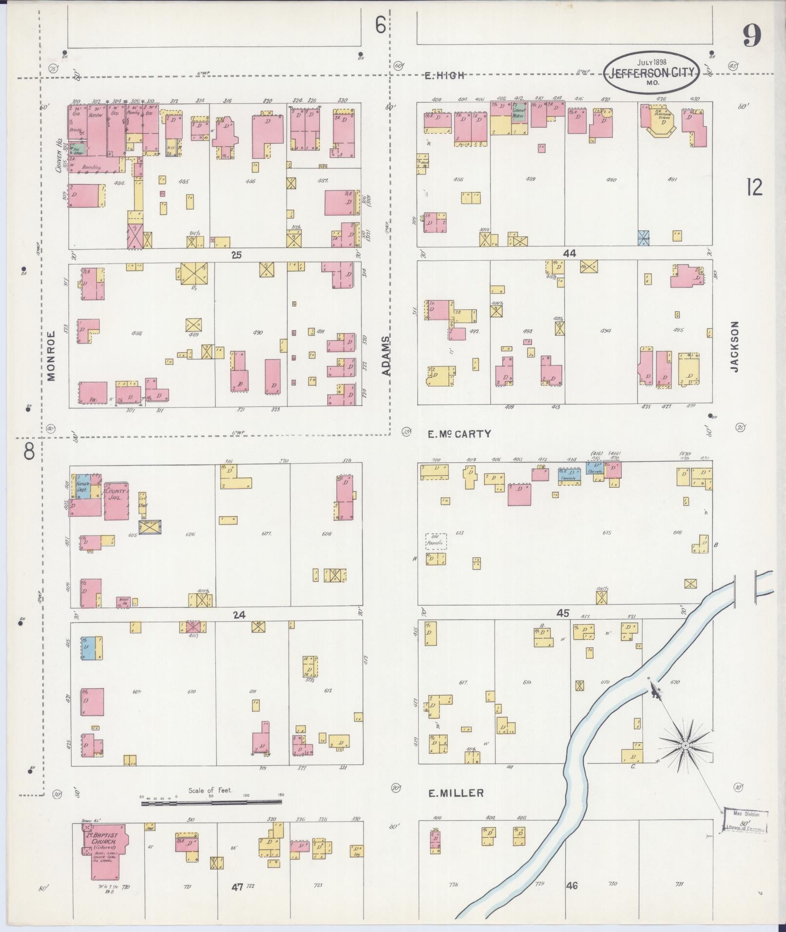 Sanborn Fire Insurance Map from Jefferson City, Cole County, Missouri (1898), Sheet #0009 - Historic Sanborn Fire Insurance Map Print, vintage old map wall art, antique decor, genealogy gift, Missouri Missouri map