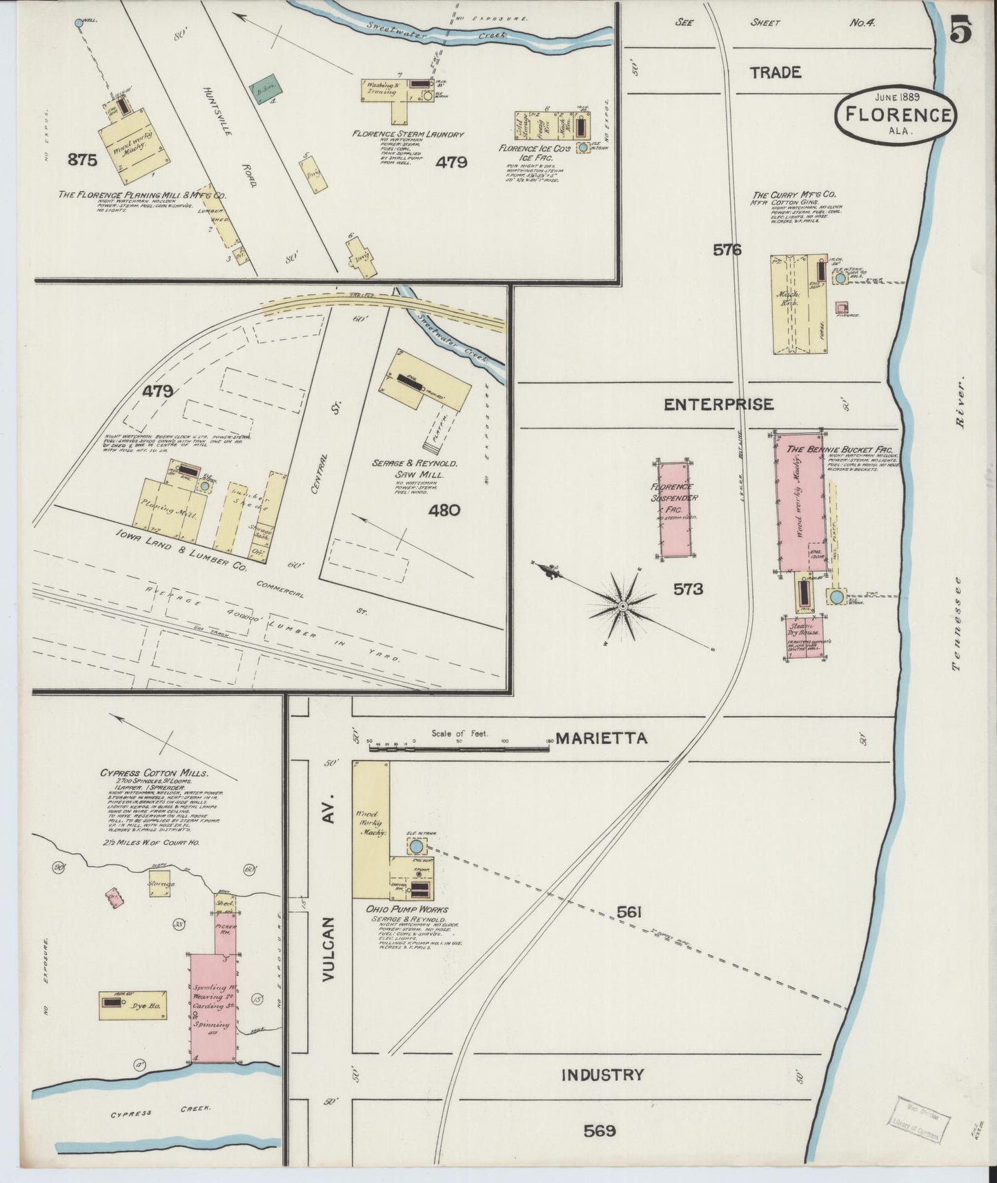 Sanborn Fire Insurance Map from Florence, Lauderdale County, Alabama (1889), Sheet #0005 - Historic Sanborn Fire Insurance Map Print, vintage old map wall art, antique decor, genealogy gift, Alabama Alabama map