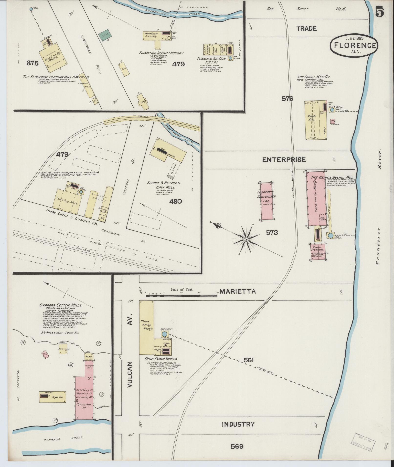 Sanborn Fire Insurance Map from Florence, Lauderdale County, Alabama (1889), Sheet #0005 - Historic Sanborn Fire Insurance Map Print, vintage old map wall art, antique decor, genealogy gift, Alabama Alabama map