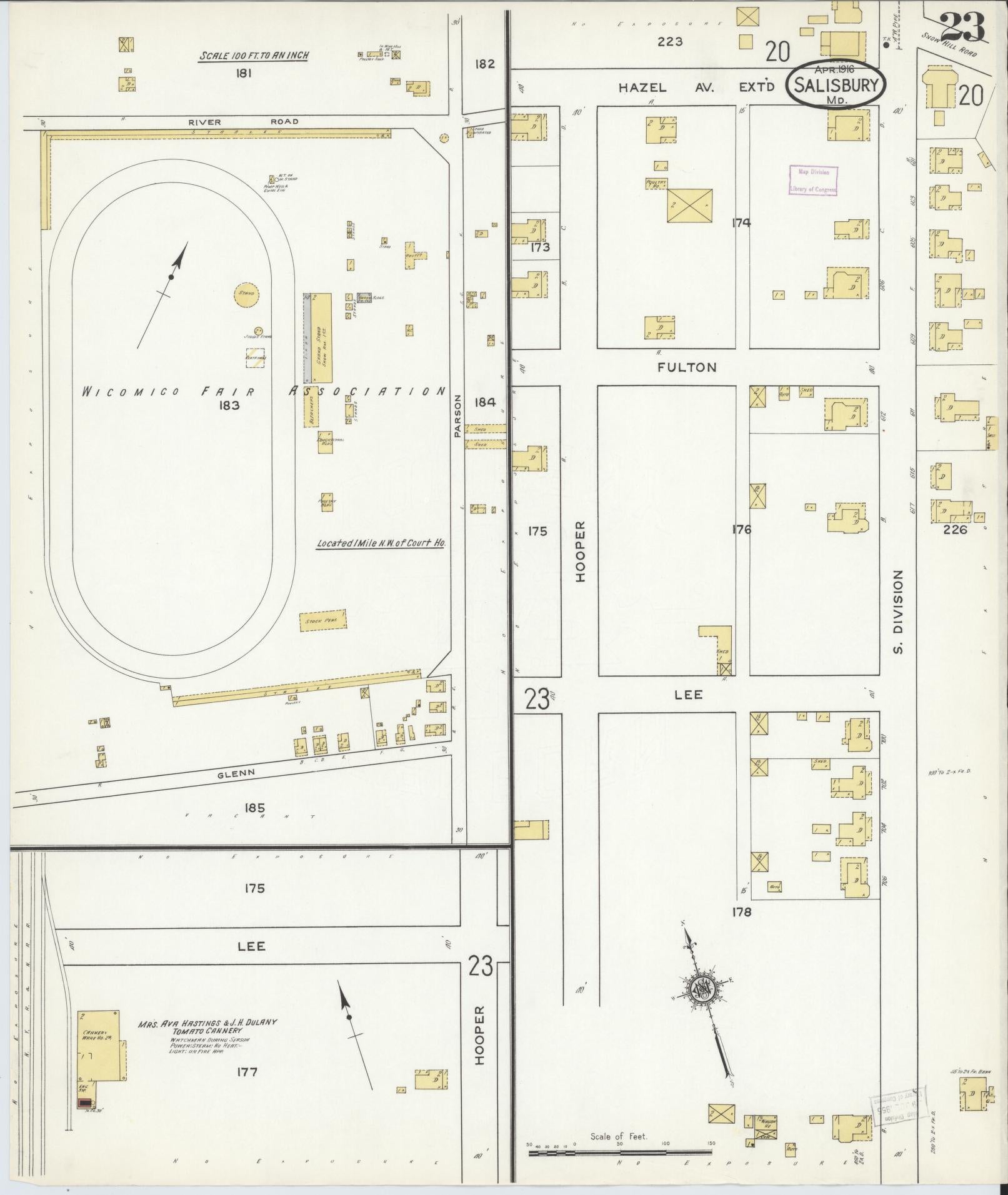 Sanborn Fire Insurance Map from Salisbury, Wicomico County, Maryland (1916), Sheet #0023 - Historic Sanborn Fire Insurance Map Print, vintage old map wall art