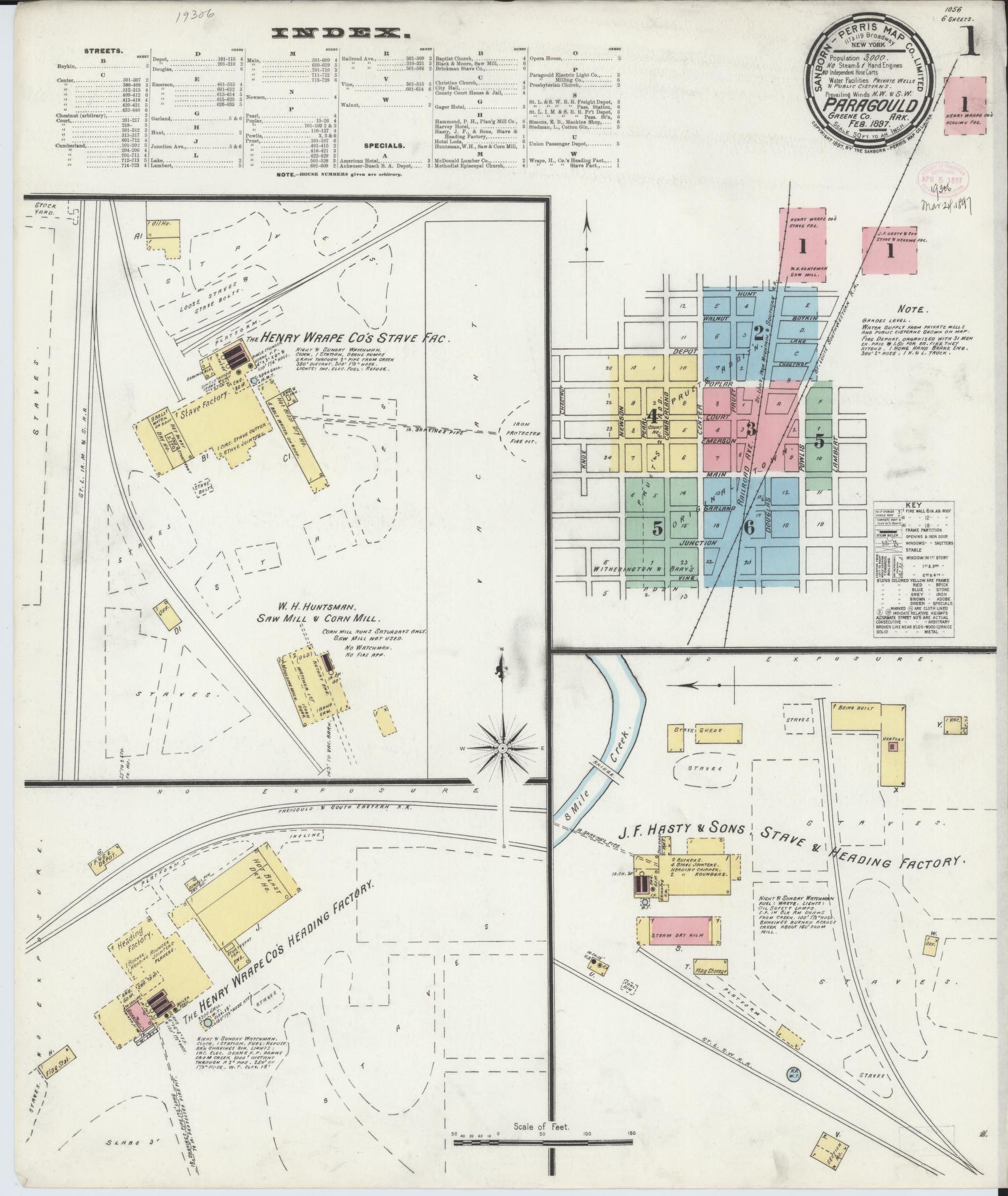 Sanborn Fire Insurance Map from Paragould, Greene County, Arkansas (1897), Sheet #0001 - Historic Sanborn Fire Insurance Map Print, vintage old map wall art, antique decor, genealogy gift, Arkansas Arkansas map
