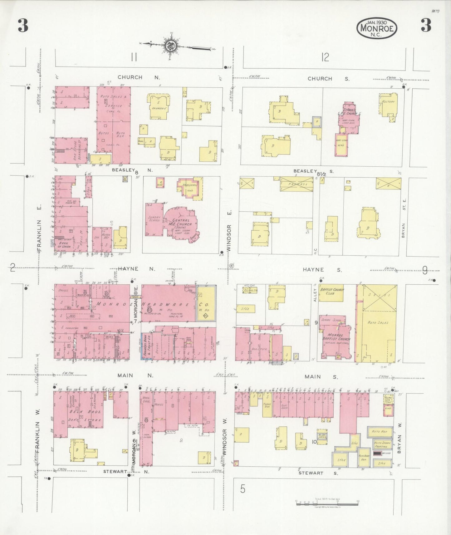 Sanborn Fire Insurance Map from Monroe, Union County, North Carolina (1930), Sheet #0003 - Historic Sanborn Fire Insurance Map Print, vintage old map wall art, antique decor, genealogy gift, North Carolina North Carolina map