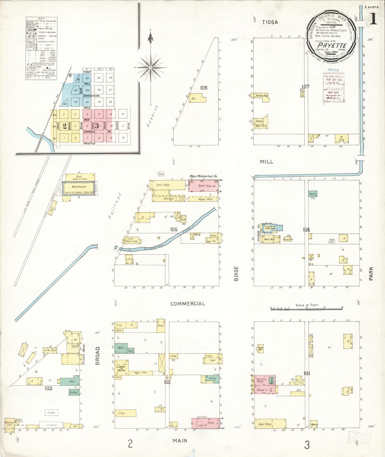 Sanborn Fire Insurance Map from Payette, Payette County, Idaho (1900), Sheet #0001 - Complete Map Set gallery image, historic Sanborn map, vintage wall art, Idaho Idaho