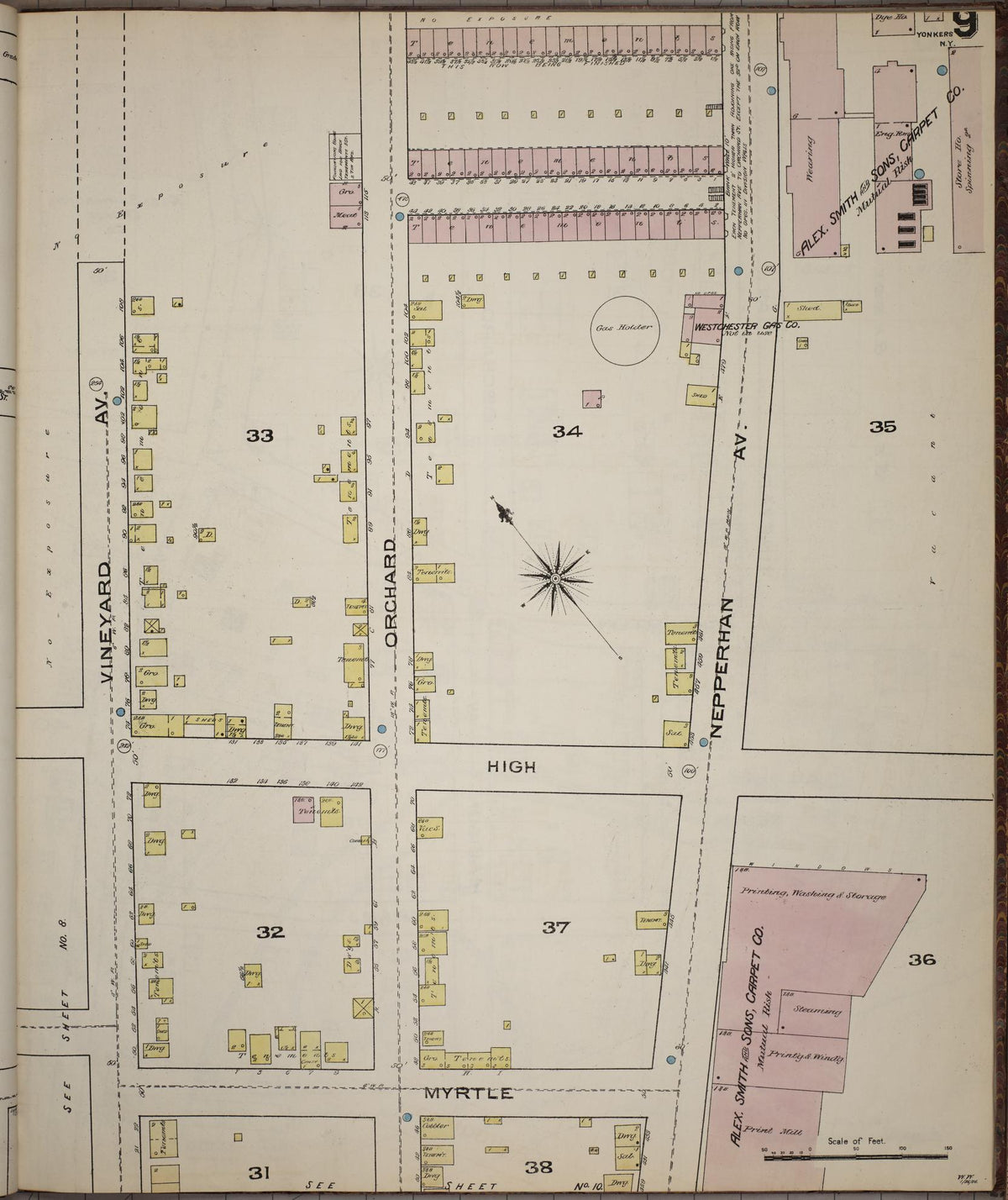 Sanborn Fire Insurance Map from Yonkers, Westchester County, New York (1886), Sheet #0009 - Historic Sanborn Fire Insurance Map Print, vintage old map wall art, antique decor, genealogy gift, New York New York map