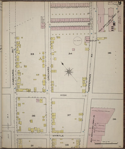 Sanborn Fire Insurance Map from Yonkers, Westchester County, New York (1886), Sheet #0009 - Historic Sanborn Fire Insurance Map Print, vintage old map wall art, antique decor, genealogy gift, New York New York map