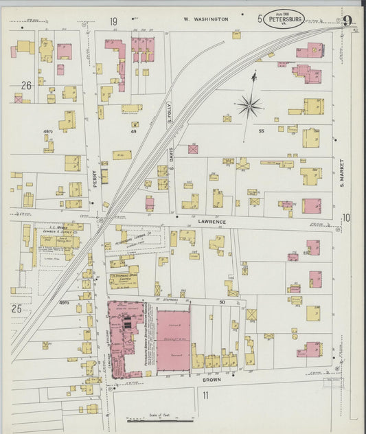 Sanborn Fire Insurance Map from Petersburg, Independent Cities, Virginia (1908), Sheet #0009 - Historic Sanborn Fire Insurance Map Print, vintage old map wall art, antique decor, genealogy gift, Virginia Virginia map