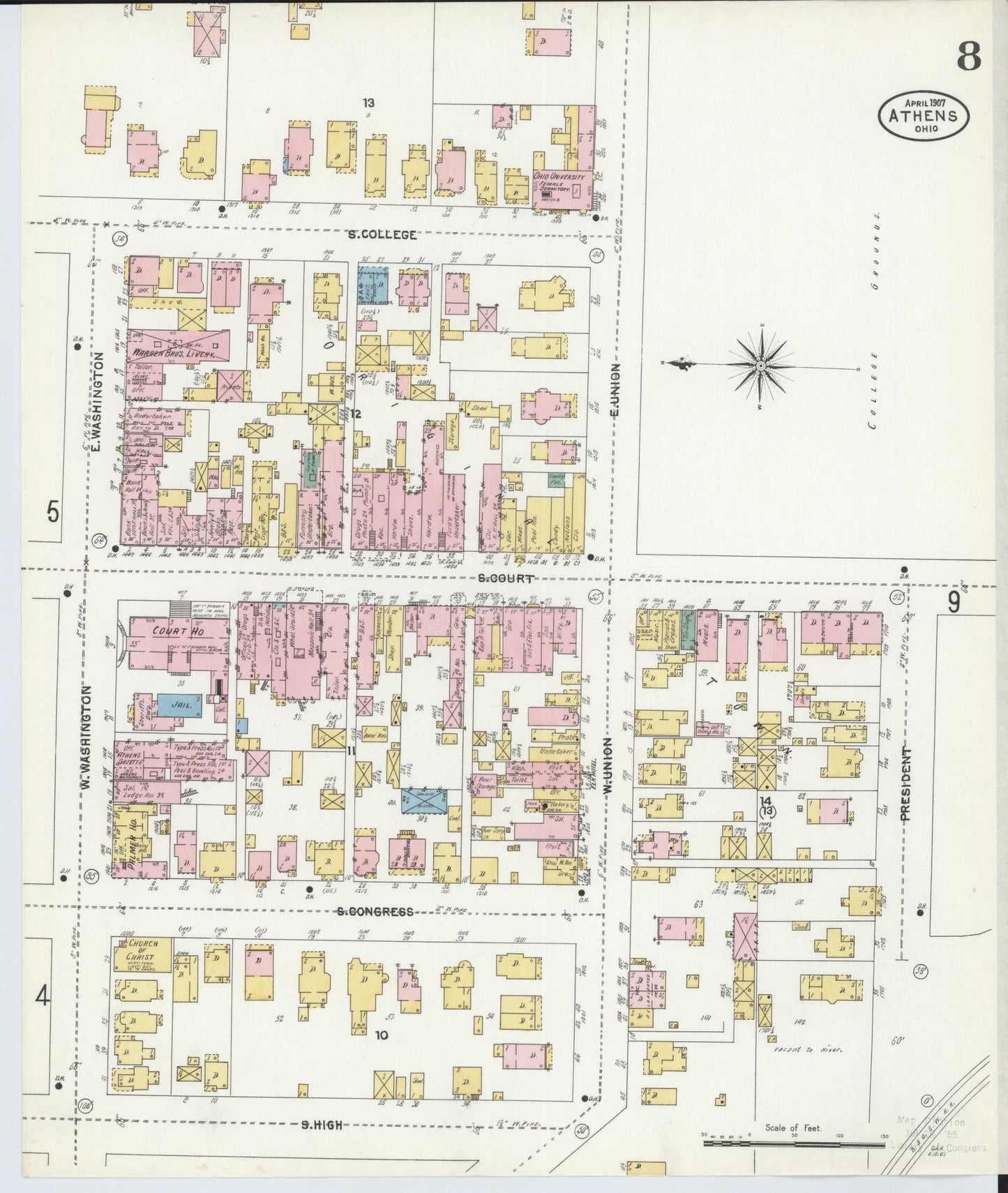 Sanborn Fire Insurance Map from Athens, Athens County, Ohio (1907), Sheet #0008 - Historic Sanborn Fire Insurance Map Print, vintage old map wall art, antique decor, genealogy gift, Ohio Ohio map
