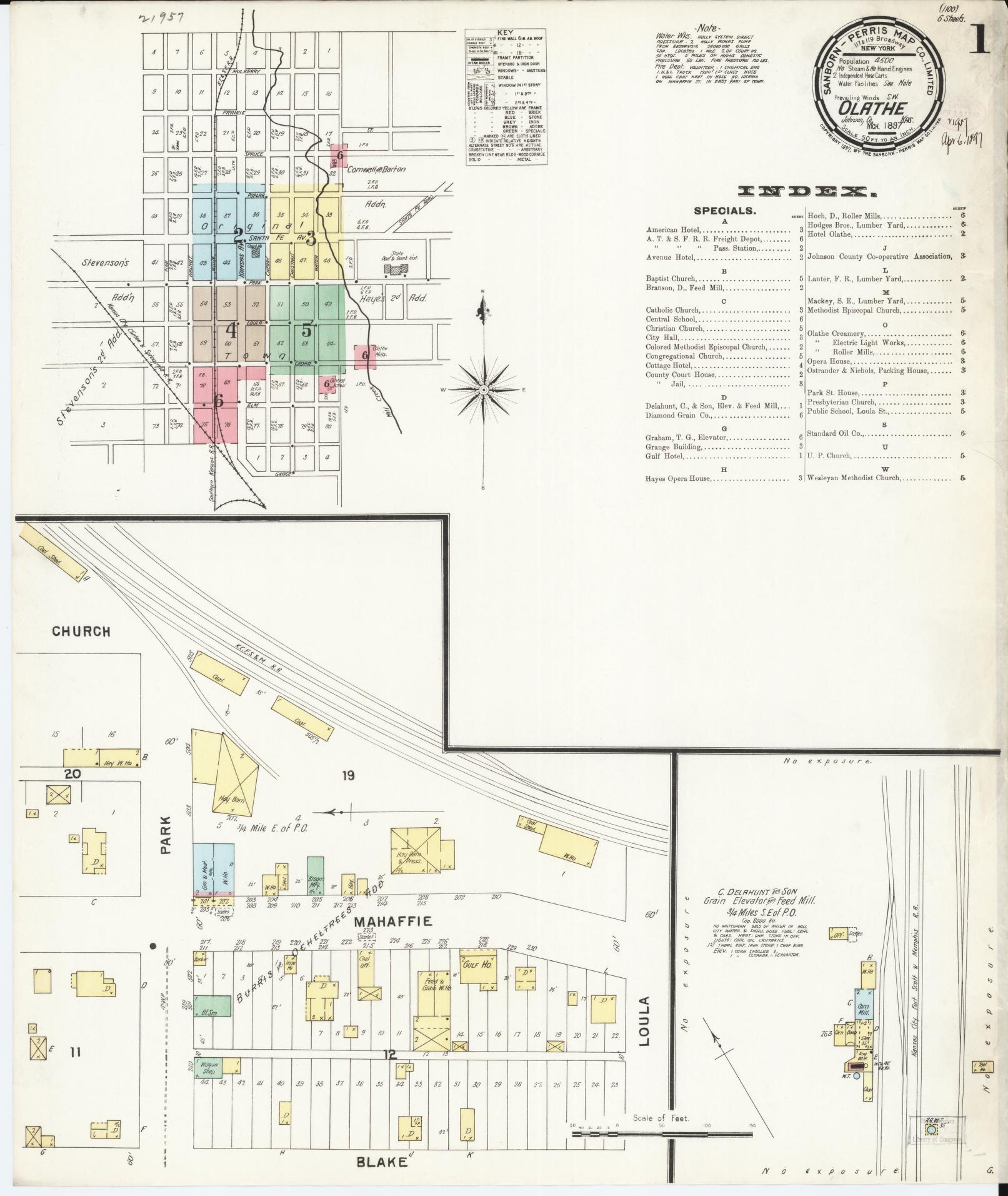 Sanborn Fire Insurance Map from Olathe, Johnson County, Kansas (1897), Sheet #0001 - Historic Sanborn Fire Insurance Map Print, vintage old map wall art, antique decor, genealogy gift, Kansas Kansas map