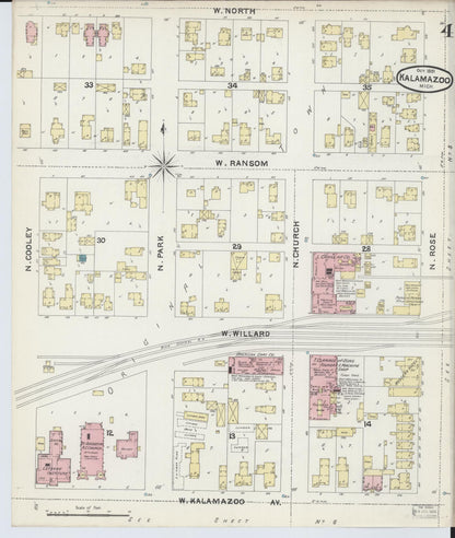 Sanborn Fire Insurance Map from Kalamazoo, Kalamazoo County, Michigan (1891), Sheet #0004 - Historic Sanborn Fire Insurance Map Print, vintage old map wall art, antique decor, genealogy gift, Michigan Michigan map