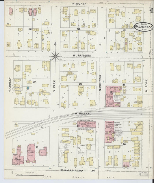 Sanborn Fire Insurance Map from Kalamazoo, Kalamazoo County, Michigan (1891), Sheet #0004 - Historic Sanborn Fire Insurance Map Print, vintage old map wall art, antique decor, genealogy gift, Michigan Michigan map