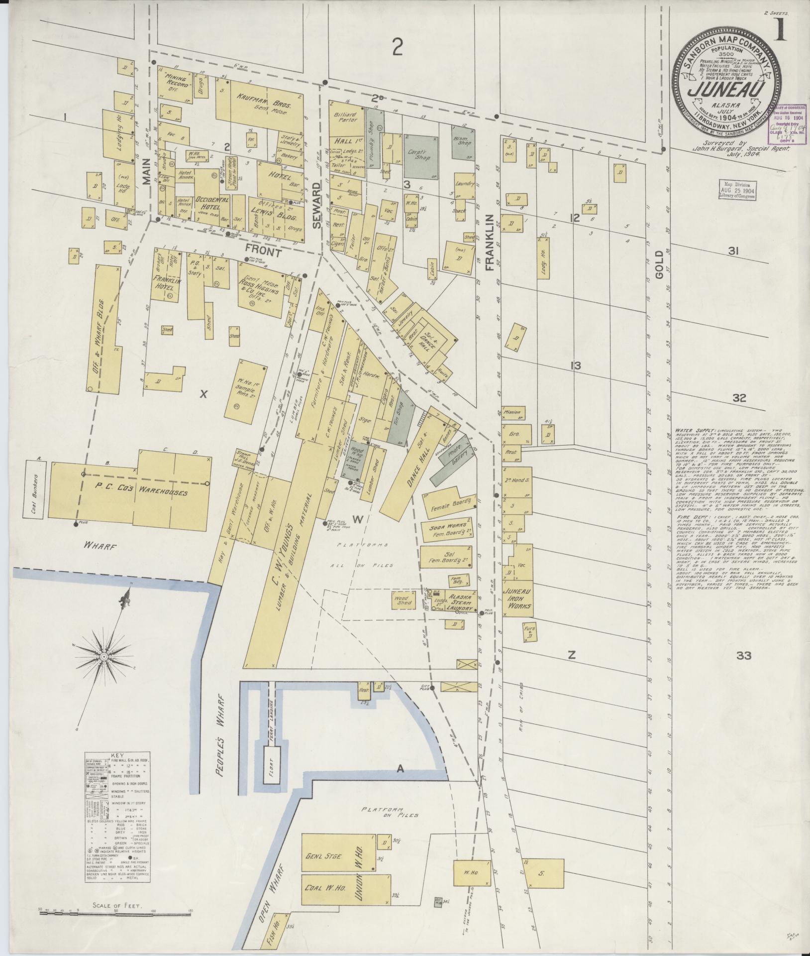 Sanborn Fire Insurance Map from Juneau, Juneau Census Division, Alaska (1904), Sheet #0001 - Complete Map Set gallery image, historic Sanborn map, vintage wall art, Alaska Alaska