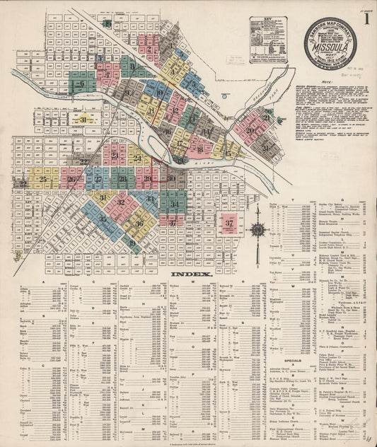 Sanborn Fire Insurance Map from Missoula, Missoula County, Montana (1912), Sheet #0001 - Complete Map Set gallery image, historic Sanborn map, vintage wall art, Montana Montana