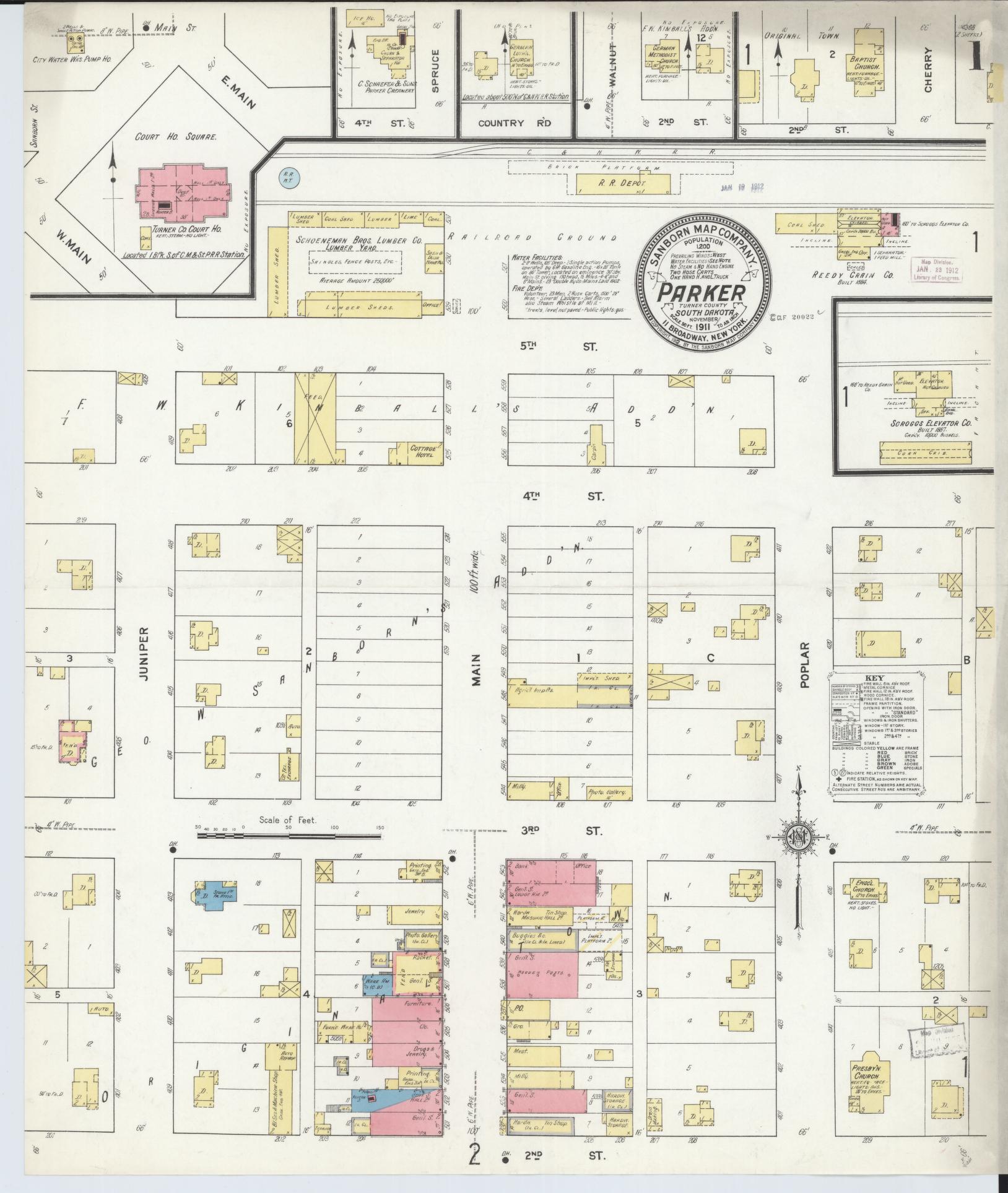 Sanborn Fire Insurance Map from Parker, Turner County, South Dakota (1911), Sheet #0001 - Complete Map Set gallery image, historic Sanborn map, vintage wall art, South Dakota South Dakota