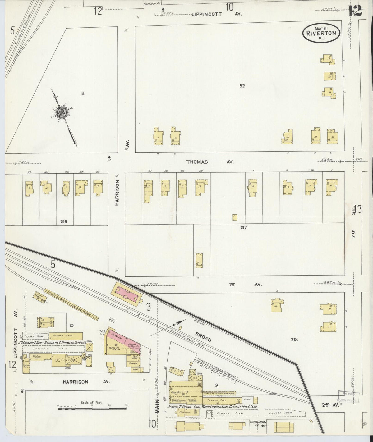 Sanborn Fire Insurance Map from Riverton, Burlington County, New Jersey (1911), Sheet #0012 - Historic Sanborn Fire Insurance Map Print, vintage old map wall art, antique decor, genealogy gift, New Jersey New Jersey map