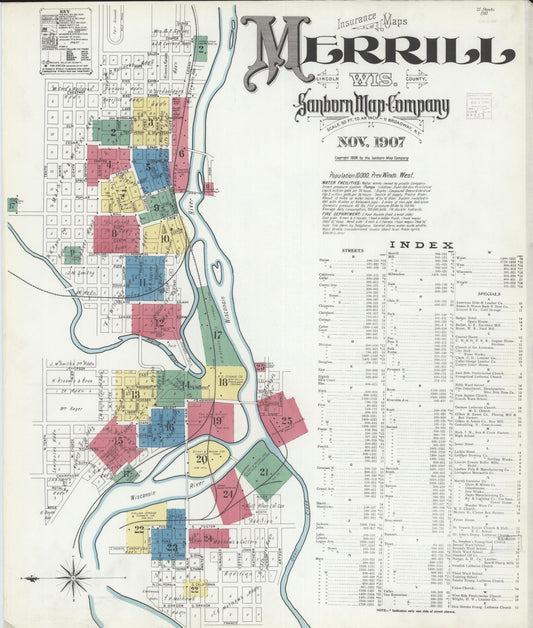 Sanborn Fire Insurance Map from Merrill, Lincoln County, Wisconsin (1907), Sheet #0001 - Historic Sanborn Fire Insurance Map Print, vintage old map wall art, antique decor, genealogy gift, Wisconsin Wisconsin map