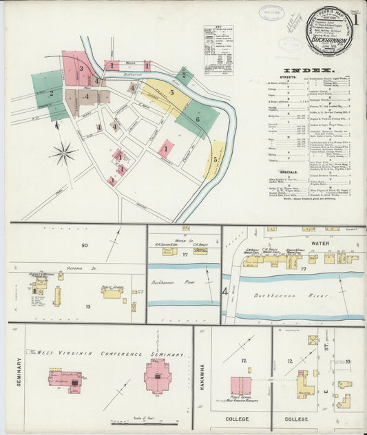 Sanborn Fire Insurance Map from Buckhannon, Upshur County, West Virginia (1898), Sheet #0001 - Historic Sanborn Fire Insurance Map Print, vintage old map wall art, antique decor, genealogy gift, West Virginia West Virginia map