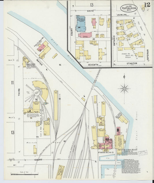 Sanborn Fire Insurance Map from Port Huron, Saint Clair County, Michigan (1898), Sheet #0012 - Historic Sanborn Fire Insurance Map Print, vintage old map wall art, antique decor, genealogy gift, Michigan Michigan map