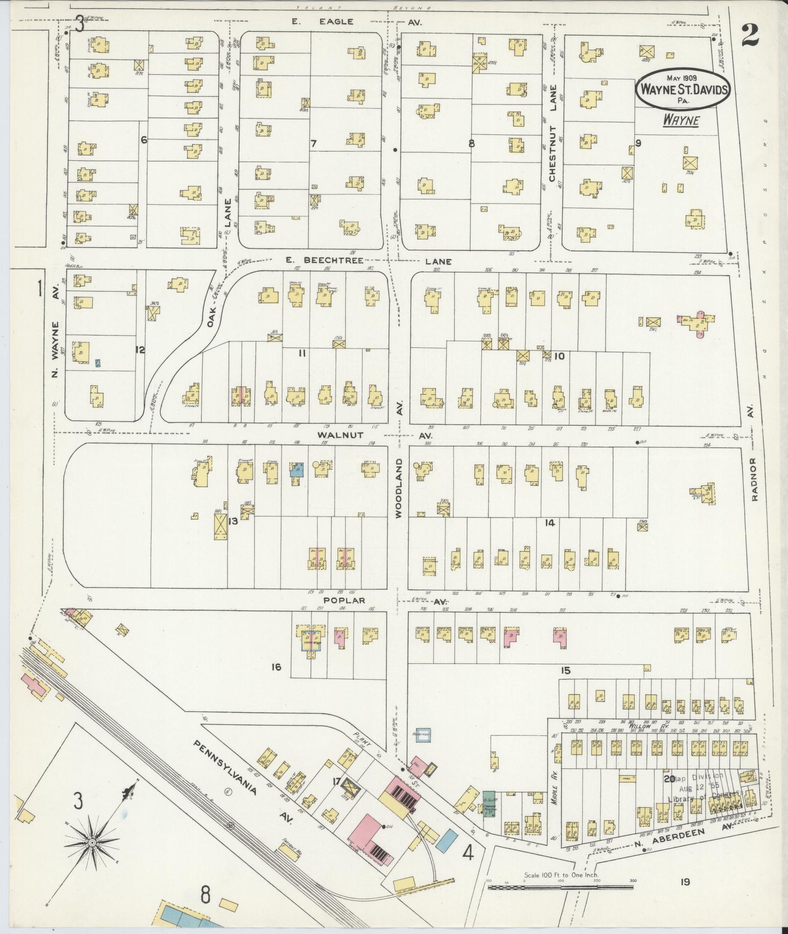 Sanborn Fire Insurance Map from Wayne, Delaware County, Pennsylvania (1909), Sheet #0002 - Historic Sanborn Fire Insurance Map Print, vintage old map wall art, antique decor, genealogy gift, Wayne Delaware map