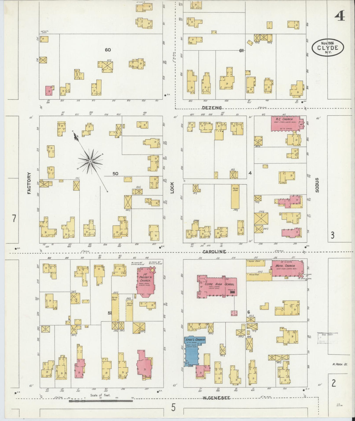 Sanborn Fire Insurance Map from Clyde, Wayne County, New York (1906), Sheet #0004 - Historic Sanborn Fire Insurance Map Print, vintage old map wall art, antique decor, genealogy gift, New York New York map