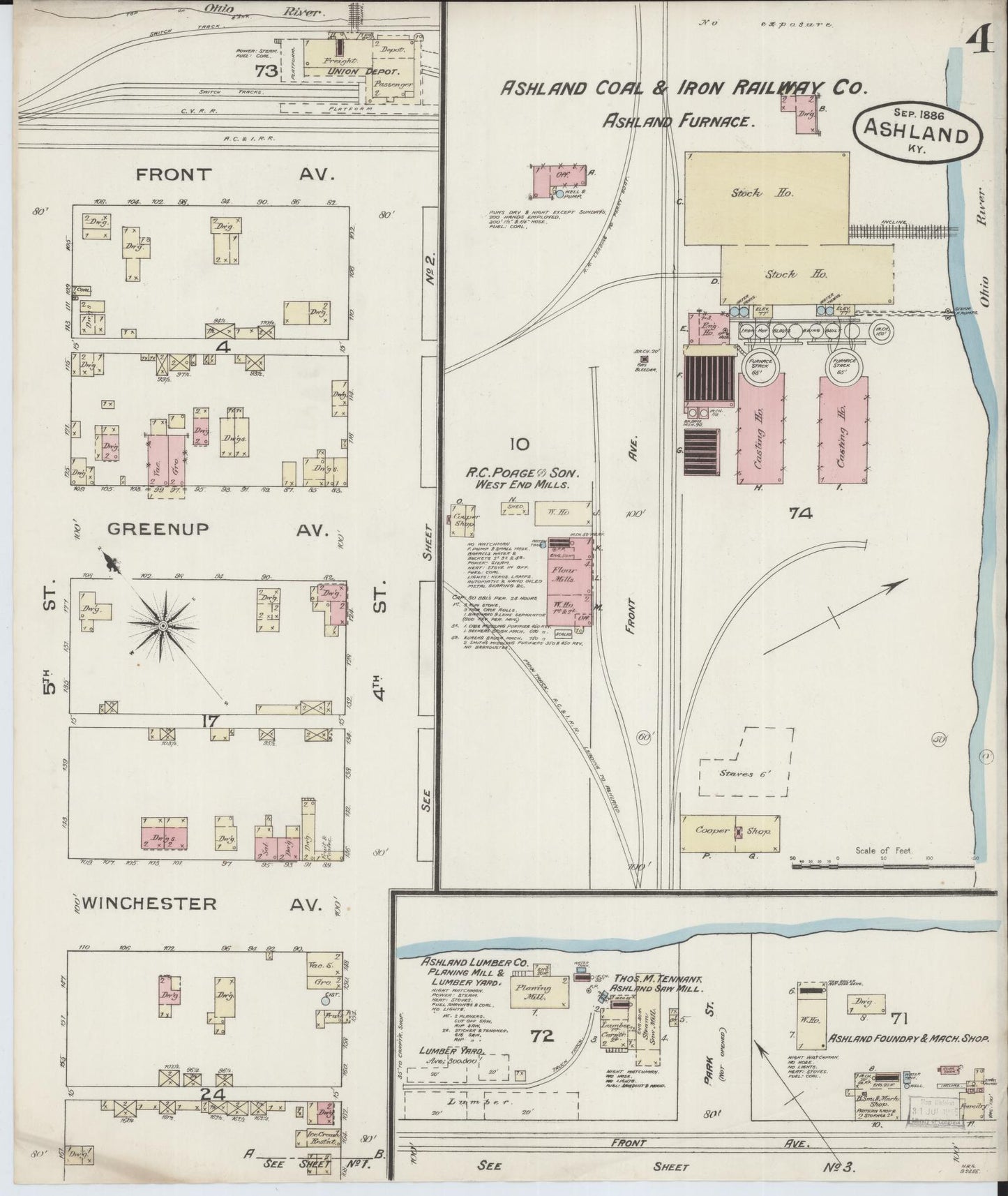 Sanborn Fire Insurance Map from Ashland, Boyd County, Kentucky (1886), Sheet #0004 - Complete Map Set gallery image, historic Sanborn map, vintage wall art, Kentucky Kentucky