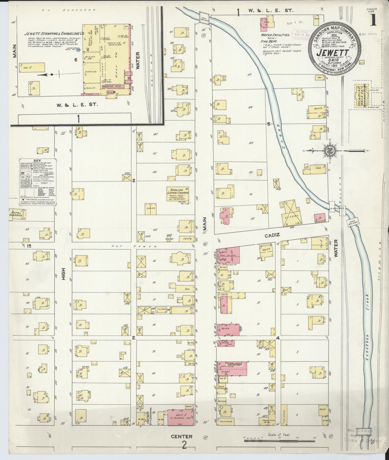 Sanborn Fire Insurance Map from Jewett, Harrison County, Ohio (1911), Sheet #0001 - Complete Map Set gallery image, historic Sanborn map, vintage wall art, Ohio Ohio