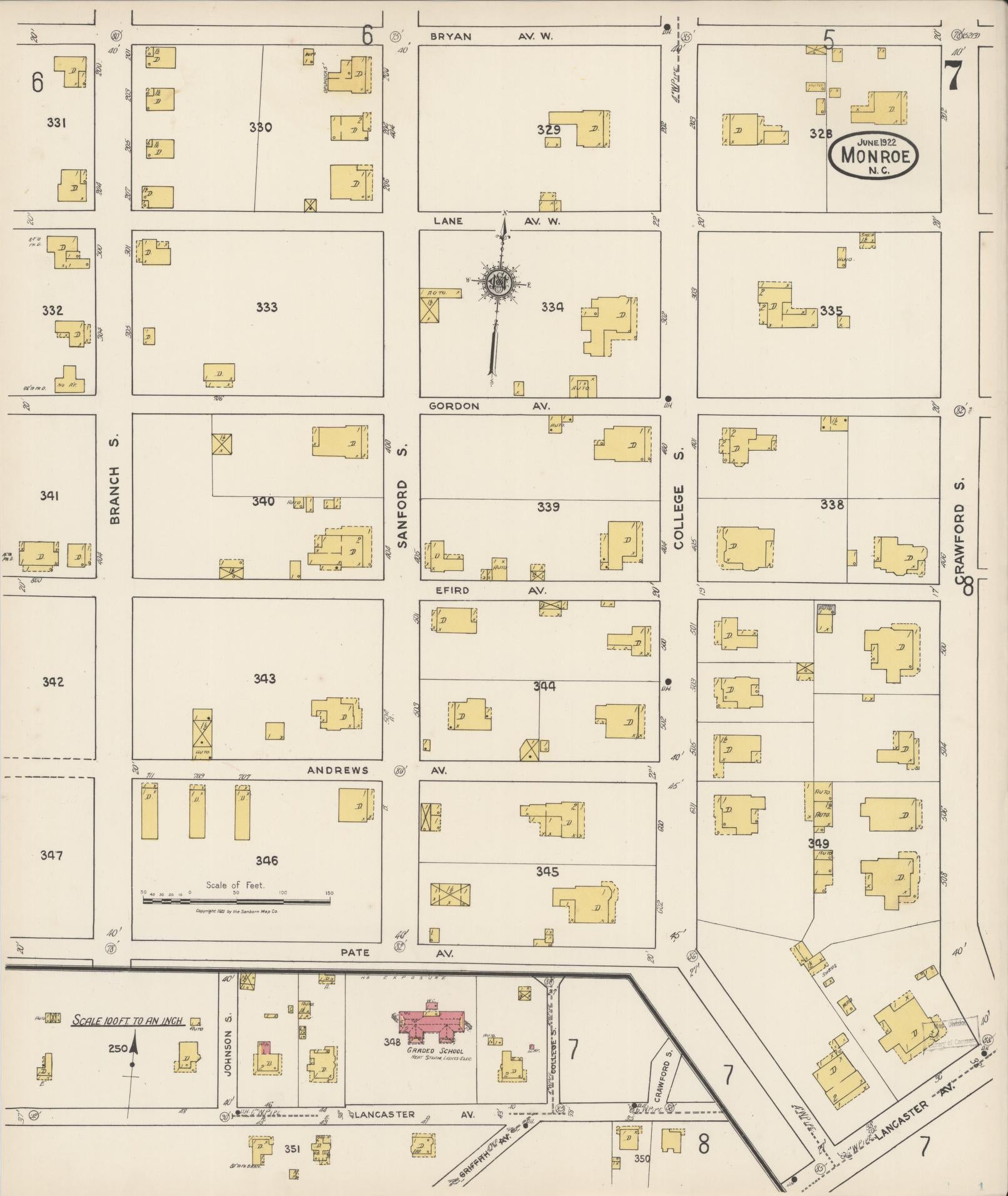 Sanborn Fire Insurance Map from Monroe, Union County, North Carolina (1922), Sheet #0007 - Complete Map Set gallery image, historic Sanborn map, vintage wall art, North Carolina North Carolina