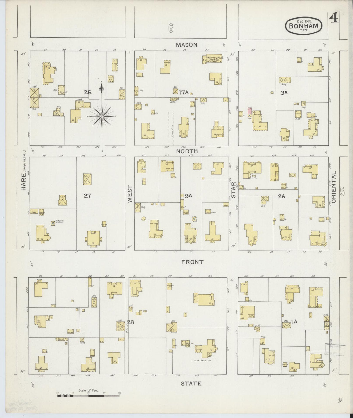 Sanborn Fire Insurance Map from Bonham, Fannin County, Texas (1892), Sheet #0004 - Complete Map Set gallery image, historic Sanborn map, vintage wall art, Texas Texas