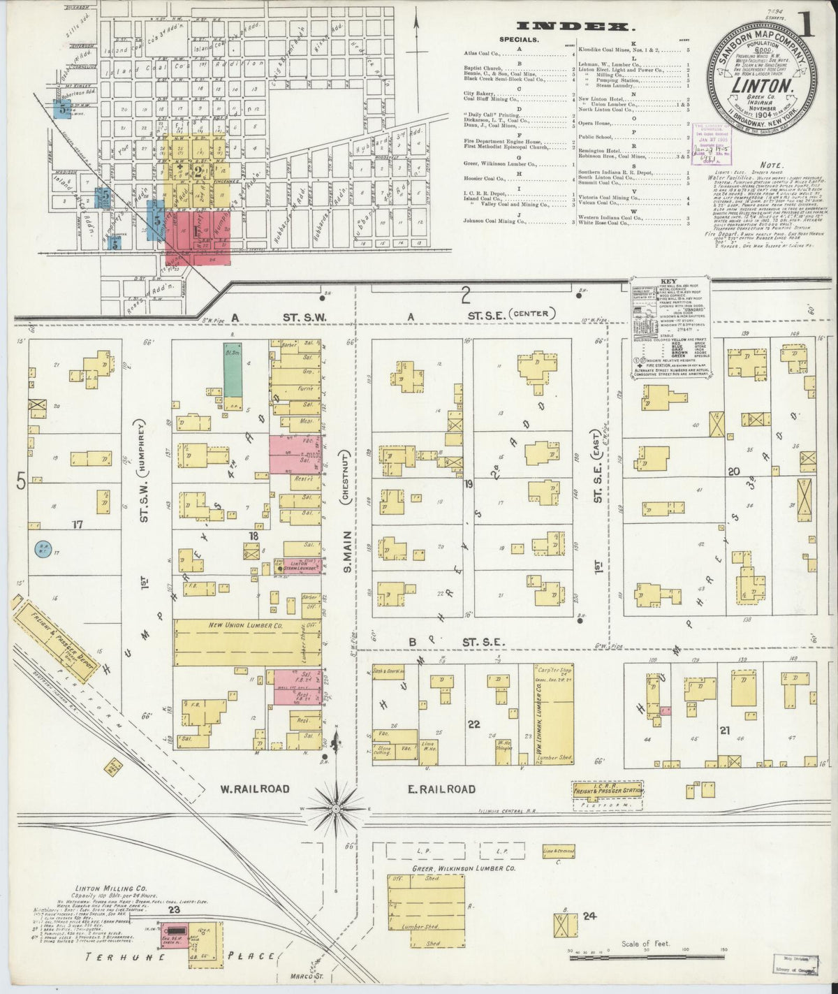 Sanborn Fire Insurance Map from Linton, Greene County, Indiana (1904), Sheet #0001 - Historic Sanborn Fire Insurance Map Print, vintage old map wall art, antique decor, genealogy gift, Indiana Indiana map
